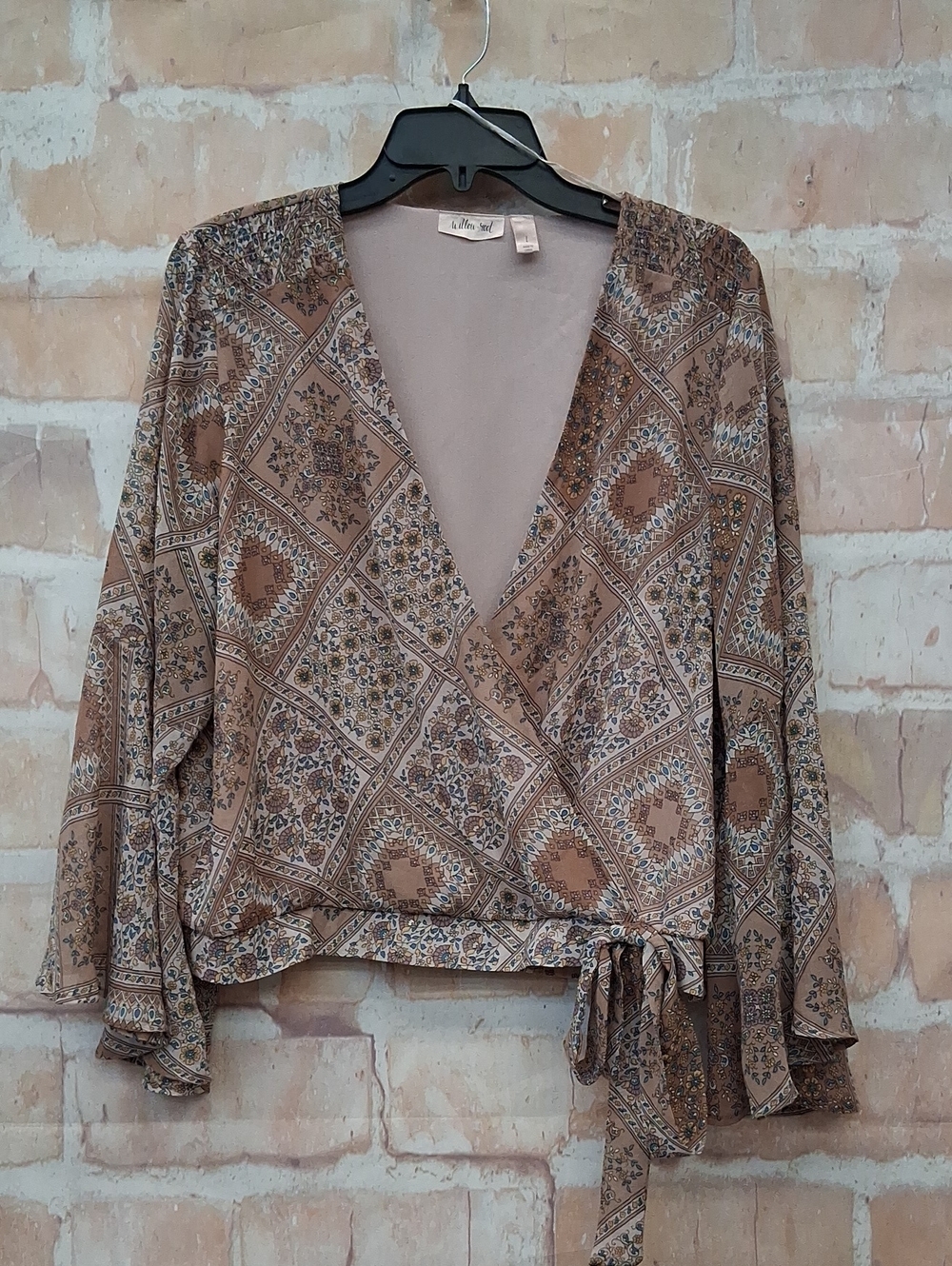 Willow-root Tie-Waist Wrap Blouse - Brown Floral Tile Print